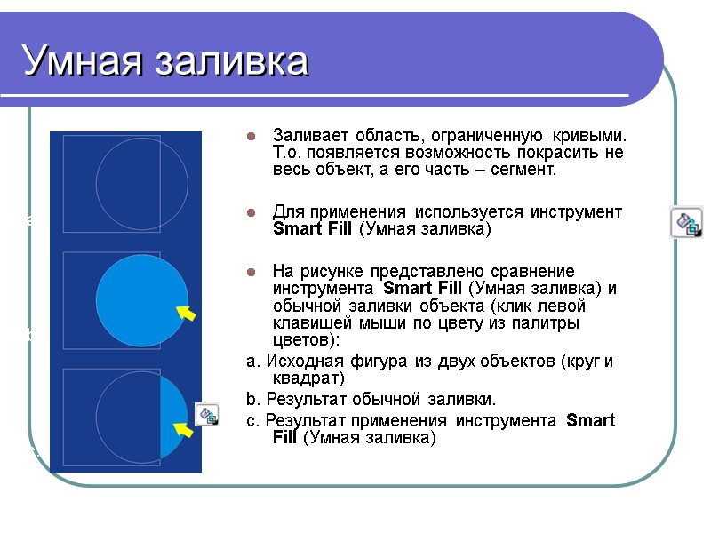 Умная заливка Заливает область, ограниченную кривыми. Т.о. появляется возможность покрасить не весь объект, а